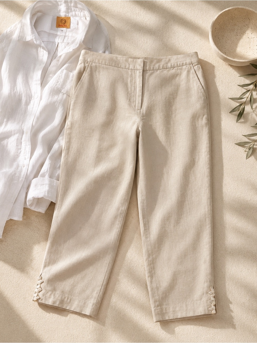 Ruby Rd Linen Blend Embellished Capri Pants Size 14 Beige Cropped Ankle Slit - Picture 10 of 10